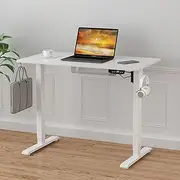 Advwin Electric Standing Desk, Height Adjustable Ergonomic Sit Stand Desks with Hanging Hooks and Cable Management, 100 x 55 cm Whole Piece Desktop, for Small Space, White Frame + White Desktop