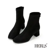 在飛比找momo購物網優惠-【HERLS】短靴-素面麂皮絨方頭粗跟短靴襪靴(黑色)
