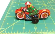 Vintage pull back Tin Toy Motorcycle made in Japan - Red Bike Green Suit, NEW!!