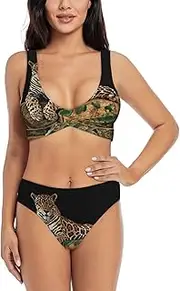 [JEJEA] African Wildlife Leopard on Rock Print Womens Bikini Sets Sexy Two Piece Halter Swimsuits Bathing Suit Swim Suits 2025