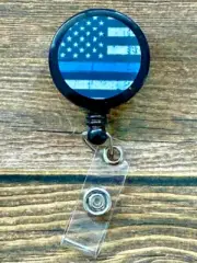 Black Retractable I.D. Badge Reel Thin Blue Line Police Wife Star Stripe LEO RTS