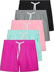 [Resinta] 5 Pack Youth Girls Quick Dry Active Shorts Athletic Shorts Running Shorts with Drawstring Pocket for Gym Workout Yoga