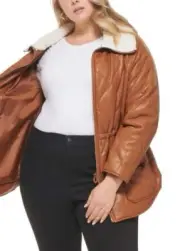 Kenneth Cole Sherpa Lined Collar Faux Leather Puffer Jacket Cognac Women’s Sz 1X
