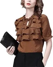 [Generic] Women Cascading Ruffles Satin Top 2025 Summer Short Sleeve Stand Collar Vintage Casual Shirts