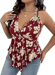 [Generic] Women's Plus Size Floral-Print Tie-Up Open-Back Asymmetric-Hem Halterneck Top