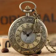 Bronze Pocket Watch Hollow Roman Number Case Analog Quartz Movement Long Chain