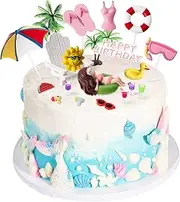 21 Pcs Swimming Pool Cake Decoration Summer Pool Cake Topper Coconut Tree Chair Umbrella Watermelon Sun Swimming Pool Party Decorations Beach Cake Toppers for Summer Beach Party Supplies (Girl)