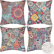 Velvhom Set of 4 Mandala Cushion Covers, 40 x 40 cm, Waterproof, Boho Linen Cushion Cover, Decorative Cushion, Ethnic, Outdoor Decorative Cushion Covers for Bedroom, Sofa, Car, Home Decor, 16 x 16