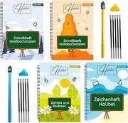 Magic Exercise Book from 4 to 9 Years - 4 Booklets - Reusable Exercise Books for Children - Preschool Exercise Books, Learning to Write, Learning to Write Book for Boys & Girls - 2 Pens, 2 Handles, 10