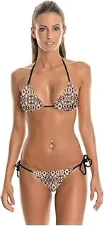 [Shukqueen] Womens Vintage Geometric Printed Separate Swimwear Sexy Tie Bikini Backless Top and Shorts Bikini Set Medium Beige