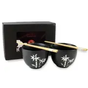 Quality Japanese Dinnerware Set of 2 Porcelain Black Bowls w Chopsticks Utensils