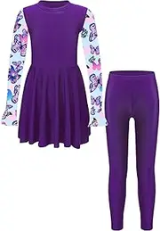 [FEESHOW] Girls Swimsuit Quick Dry Swim Dress with Pants Swimwear Bathing Suit Swimming Surfing