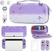 GLDRAM Purple Carrying Case for Nintendo Switch OLED, Cute Anime Accessories Kit of Kuromi with Shockproof Travel Bag, Hard PC Protective OLED Cover, Screen Protector, Shoulder Strap & 2 Thumb Caps