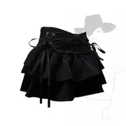 Low Rise Side Lace-Up Washed Mini Layered Denim Skirt Black - S