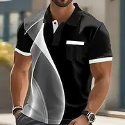 Male Geometic Line Polo Short Sleeve Turndown Business Sports Outdoor Athleisure Casual Daily Buttons Pocket Summer Lake blue Robin's Egg Blue Grey