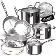 Tri-Ply Stainless Steel Pots and Pans Set 11-PC, 18/10 Stainless Steel Induct...