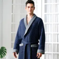 在飛比找Yahoo奇摩購物中心優惠-華歌爾睡衣-男士系列 M-LL條紋鋪棉絲瓜領綁帶睡袍(沉睡藍