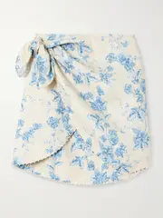 [Agua by Agua Bendita] Agua by Agua Bendita - Agustina Bougainvillea Faux Pearl-embellished Floral-print Linen Pareo - Blue - medium medium Blue