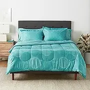 Amazon Basics Lightweight Microfiber Bed-in-a-Bag Comforter 7-Piece Bedding Set, Full/Queen, Industrial Teal, Geometric