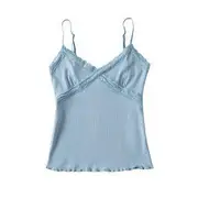 Plain Lace Trim Crop Cami Top Blue - S