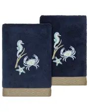 Linum Home Textiles Turkish Cotton Aaron 2pc Embellished Hand Towel Set 2 pc Blue