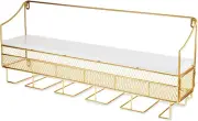Gold Wall Mounted Wine Rack, Holds 8 Standard Wine Bottles, Wood and Cast Iron,