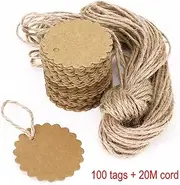 JZK 100 Brown Round Paper Gift Tags + 20 m Jute Hemp Rope, Small Labels for Guest Gift Box Bookmark Advent Calendar Wedding Birthday Party Card, Size 6 x 6 cm