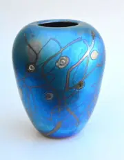 Blue Luster Vase With Millefiore Design. Blown Glass