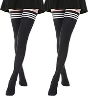 [DRESHOW] Extra Long High Thigh Socks Striped Over Knee Thin Tights Long Stocking, 2 Pairs: Black With Three Stripes
