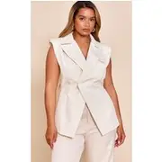 Shape Cream Tailored Asym Cross Over Sleevless Adjustable Waist Blazer, Cream