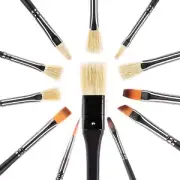 Paint Brush Set 12pcs, Natural Hog Bristle Long Handle Professional Artist Brush