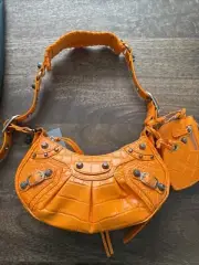 Balenciaga Calfskin Crocodile Embossed Le Cagole Shoulder Bag XS Pop Orange