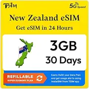 New Zealand eSIM | 30 Days | 3GB | Refillable Plan | 5G Speed | Hotspot | Data Only QR Code Sent Within 24 Hours, Scan to Activate, No Phone Number