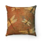 Flight of Dragonflies on Orange & Green Background Spun Polyester Square Pillow.