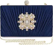 [Mulian LilY] Evening Bags For Women Pleated Satin Rhinestone Brooch Clutch Purse With Detachable Chain Strap