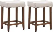 Giantex Set of 2 Saddle Bar Stools, 61cm H Backless Counter Stool, Brass Nailhead Studs, Upholstered Sponge Cushion & Solid Rubber Wooden Legs, Contemporary, Classical, Elegant Modern (Beige)