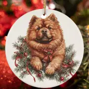 Cute Chow Chow Dog Merry Christmas Wreath Ornament Ceramic Gift Tree Decor