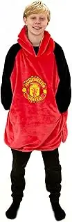 Manchester United FC Hugzee Oversized Wearable Hooded Fleece Super Warm and Cosy Premium Sherpa Lined, Design Perfect for Kids Aged 7-12 Years, One Size Suggested Height 75cm+, Red