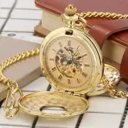 Gold Double Hunter Hand Wind Men's Pocket Watch Skeleton Mechanical Fob Watches