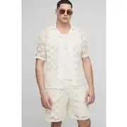 Mens Ecru Oversized Checkerboard Open Stitch Shirt & Short Set
