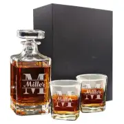 Personalized Whiskey Decanter Set with 2 Matching Glasses and Gift Box
