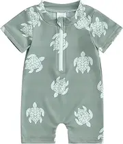 [HZPHQY] Infant Baby Boys Swimming Costume One Piece Short Sleeve Swimwear Kids Toddler Boy Checkerboard Print Rash Guard Zip Up Swimsuit