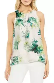New $190 Vince Camuto Women Beige Green Palm Leaf Print Sleeveless Blouse Top Xs