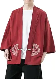 [Kelukes] Men's Japanese Fashion Embroidery Kimono Traditional Cardigan Noragi Jacket Yukata Casual Cotton Linen Open Front Haori, Red, XX-Large