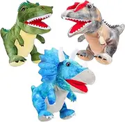 3 Pieces Dinosaur Hand Puppets 12 Inch Plush Stuffed Animals Puppet Dinosaur Soft Toys for Animal Storytelling, Teaching, Preschool, Role Play (Tyrannosaurus, Triceratops, Dilophosaurus)