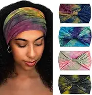 [Aceorna] Wide Headbands Stretch Turban Knotted Hairbands Elastic Yoga Workout Sweatband Running Sport Head Scarf Large African Head Wraps for Women 4 Pcs (Set A)