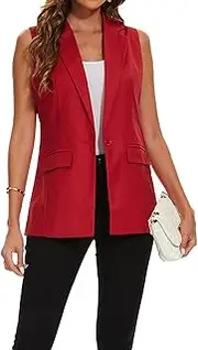 [LADI TREND] Women's Longline Sleeveless Blazer Vests Casual Lapel Collar Office Button Open Front Jacket Vest Pocket