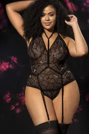 [Mapale by Espiral] Shine On Black Floral Lace & Mesh Bodysuit with Removable Gartered Harness