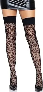 [Leg Avenue] Leopard Fishnet Thigh Highs with Wide Band Top, One Size, Black, Black, One size