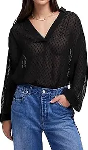 [SUNNOW] Womens Black Long Sleeve Dot Semi Sheer Popover Top V Neck Blouse Casual Shirt